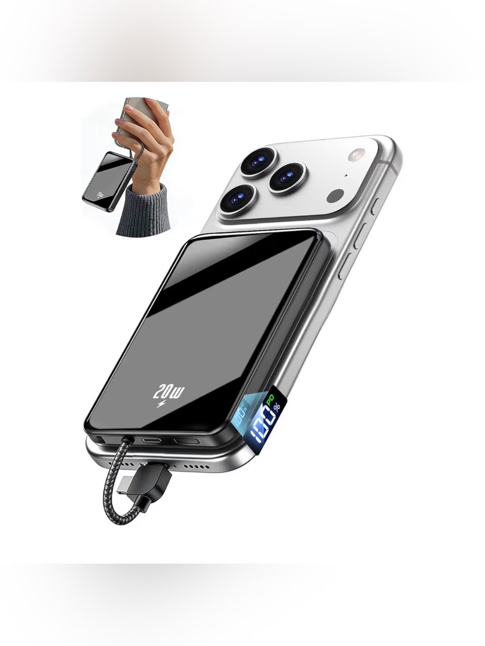 golioklsy Portable Charger Power Bank, 10000mAh Phone Charger built in cable